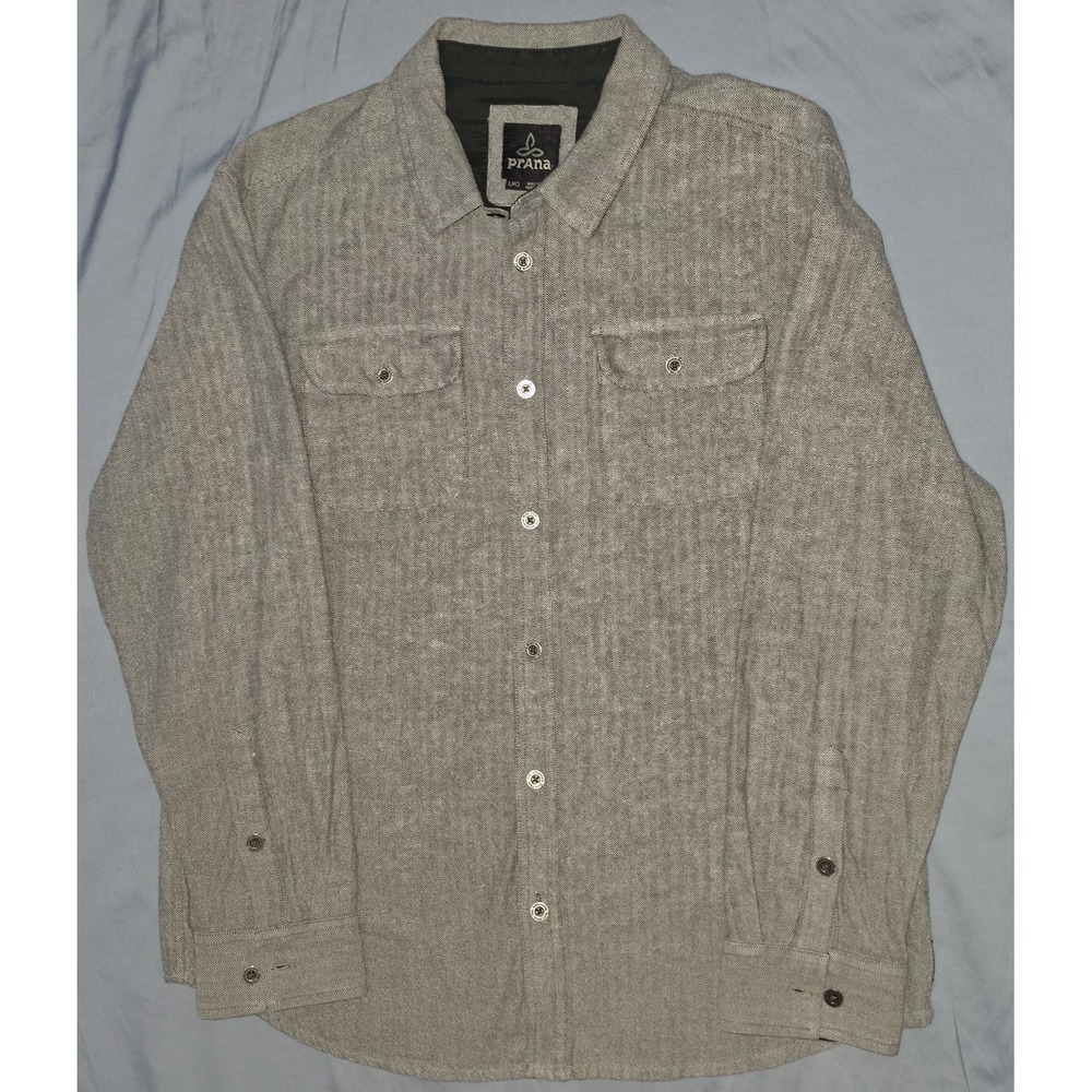 prAna Mens‎ Shirt Size Large Gray Herringbone Button Up Pockets Long Sleeve